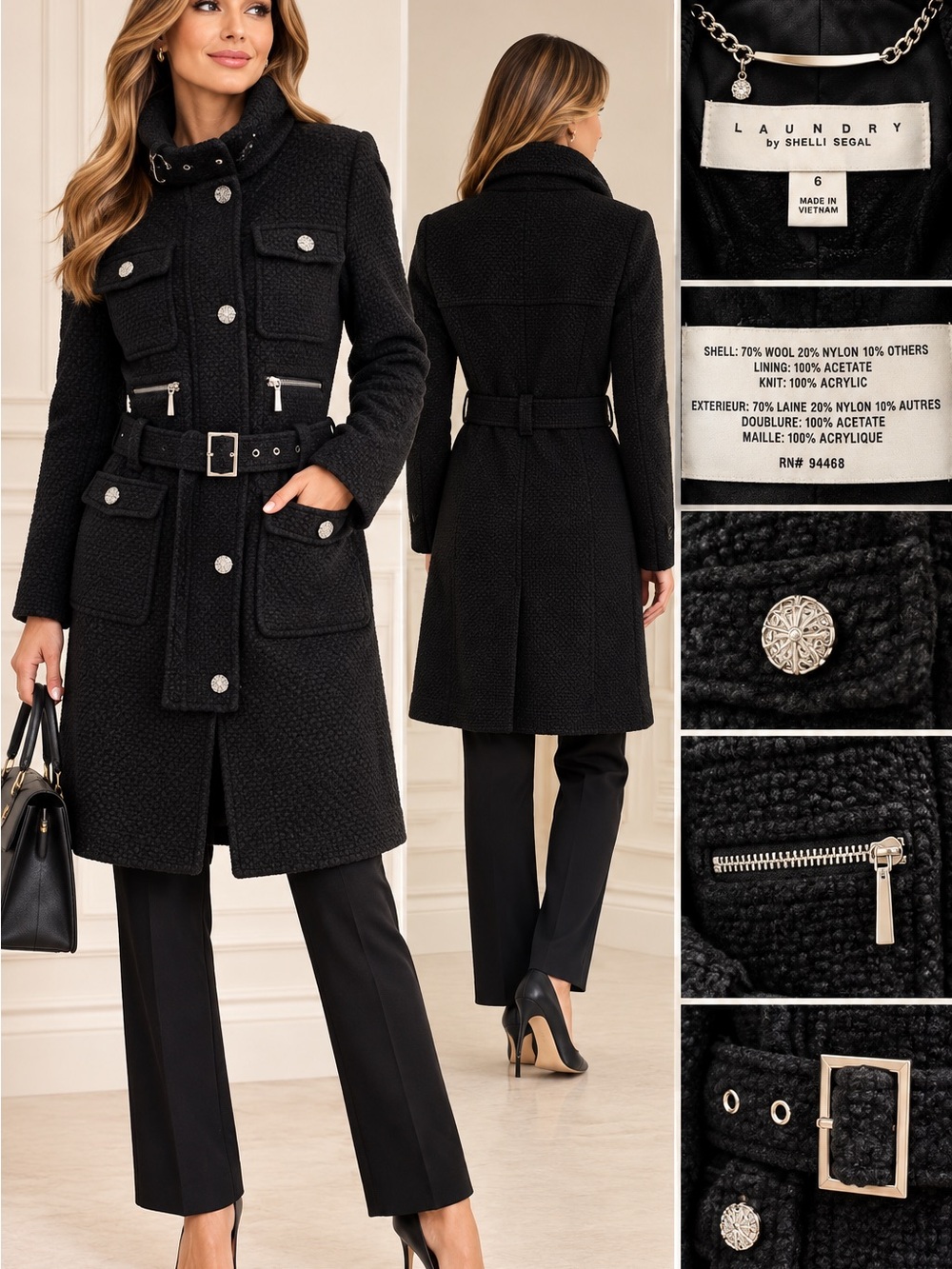 Laundry By Shelli Segal Black Textured Belted  Coat